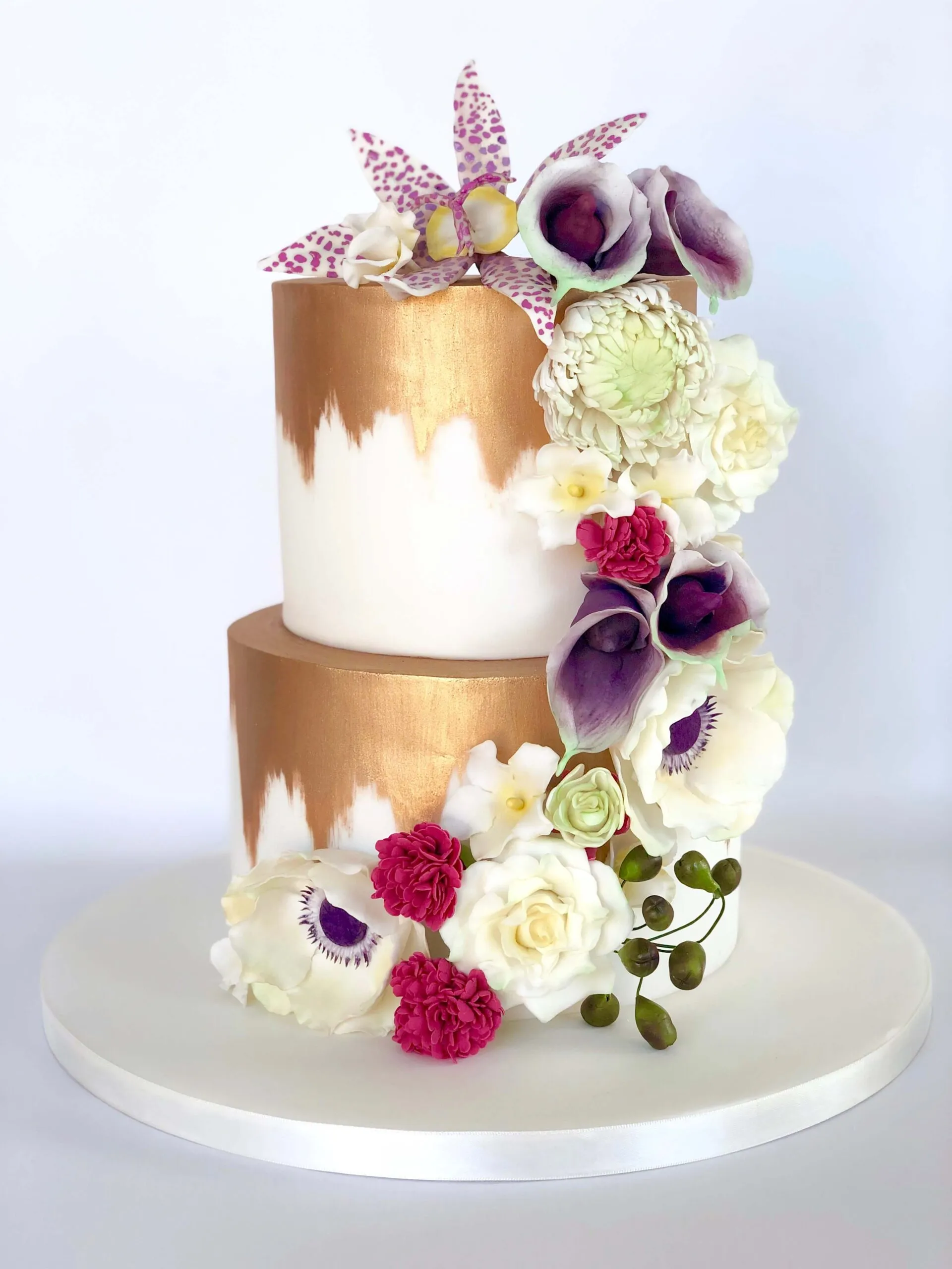 Bespoke gold and orchid wedding cake by Cakes by Katie Allen